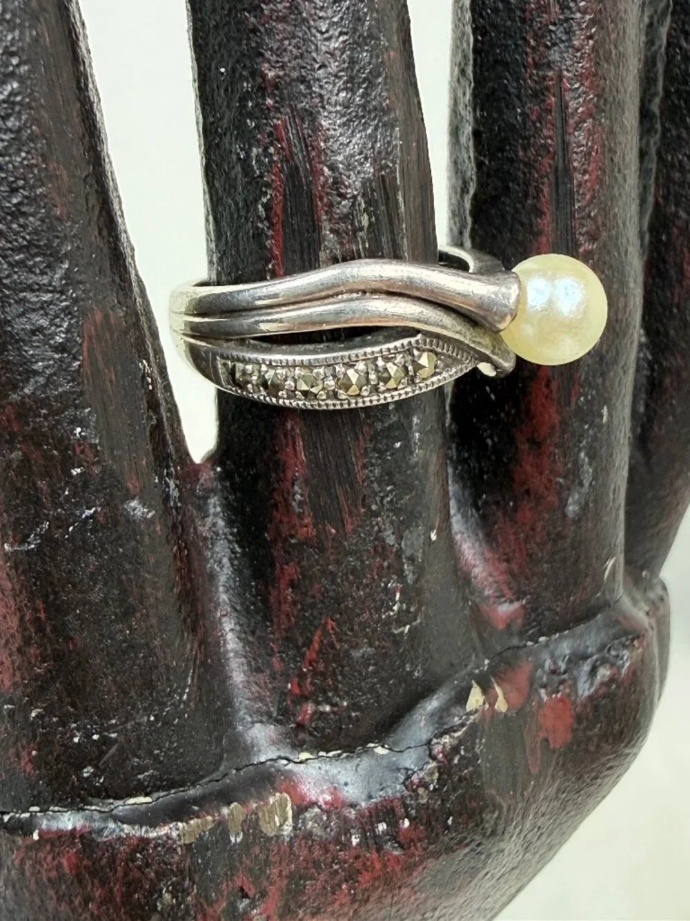 Sterling Silver Marcasite & Faux Pearl Ring Size 6.5